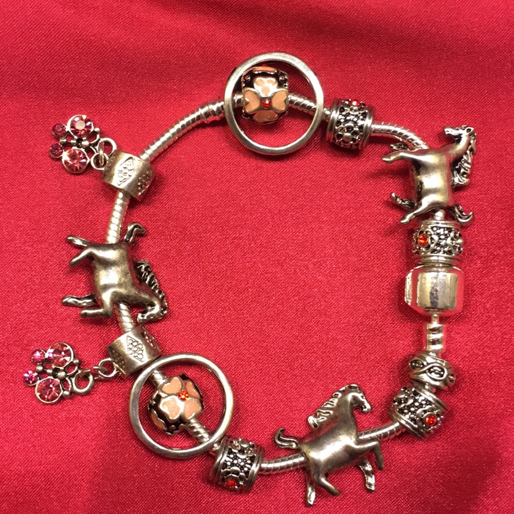 Silver & pink horses & butterflies charm bracelet
